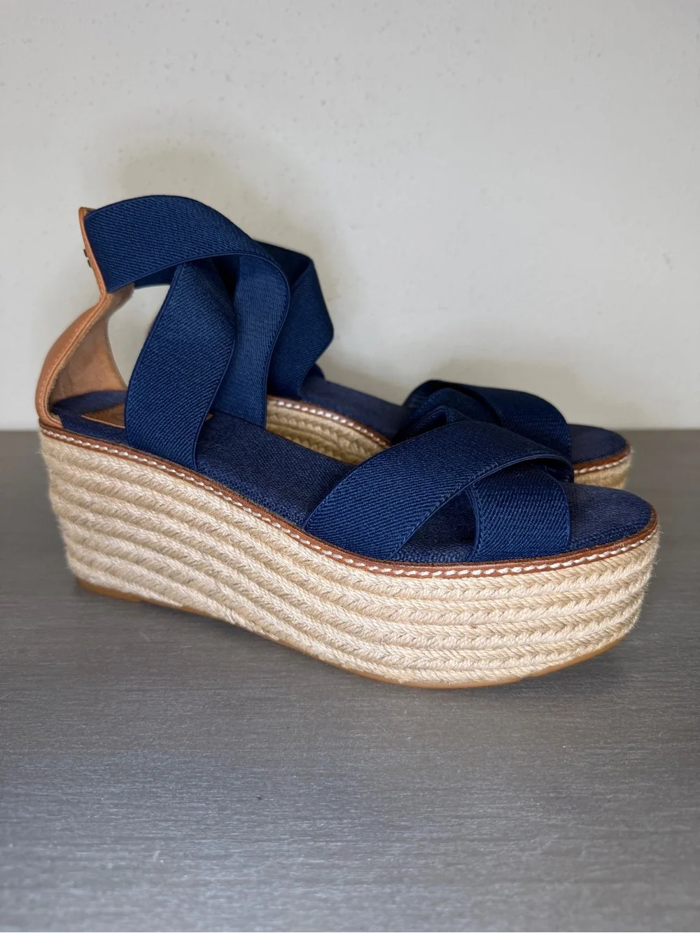 Tory Burch Freida Canvas Leather Blue Platform Espadrille Sandals Women's Sz 8 M